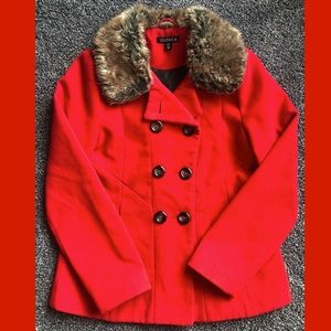 Fur trim red Pea Coat